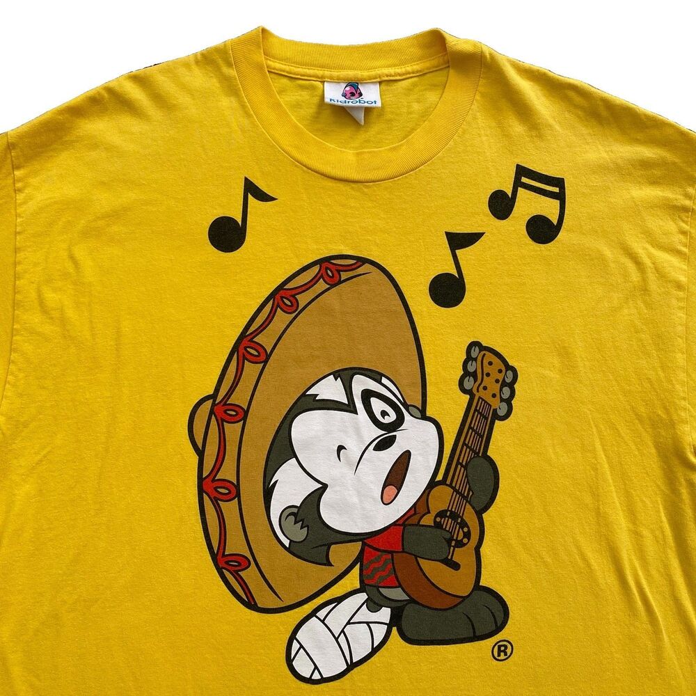 Kidrobot Zoomies T Shirt XL Yellow Roadkill Sombrero Guitar Y2K 2008 Vintage